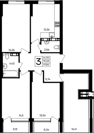 Планировка 3-комн 97,86 м²