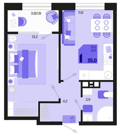 Планировка 1-комн 35 м²