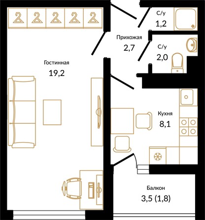 Планировка 1-комн 35 м²