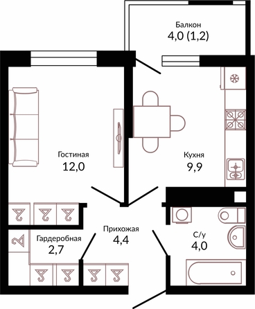 Планировка 1-комн 34,2 м²