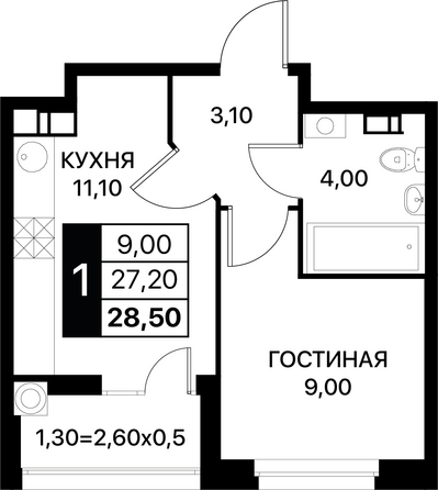 Планировка 1-комн 28,5, 28,9 м²