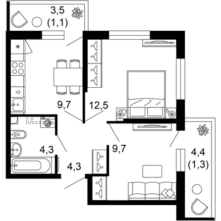 Планировка 2-комн 42,9 м²