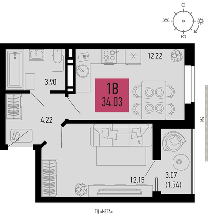 Планировка 1-комн 34,03, 34,1 м²