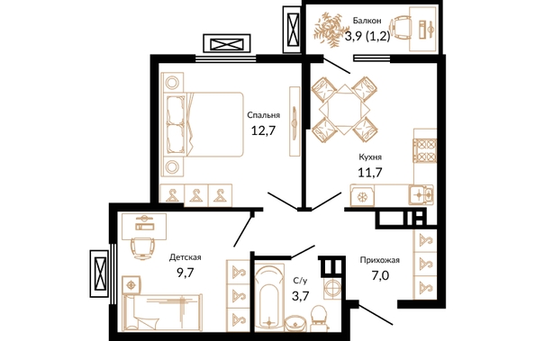 Планировка 2-комн 46 м²