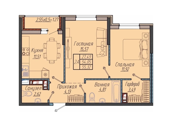 Планировка 2-комн 55,32 м²