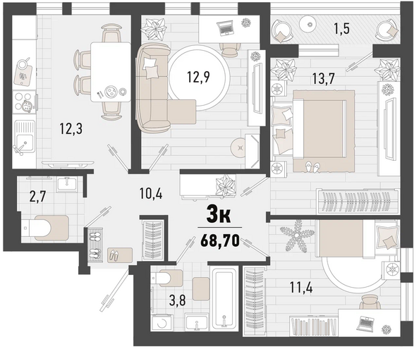 Планировка 3-комн 68,7 м²
