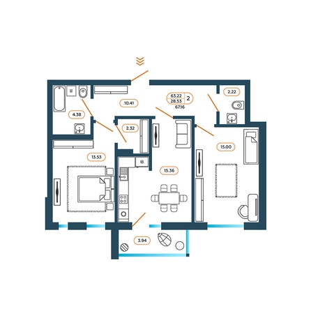 Планировка 2-комн 67,16 м²
