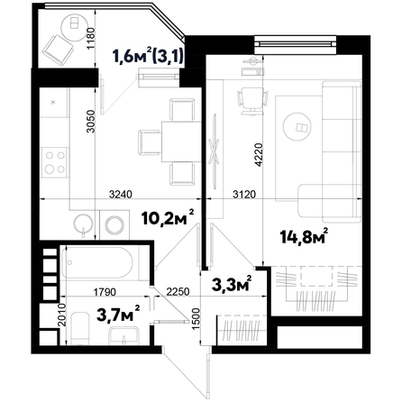 Планировка 1-комн 33,6 м²