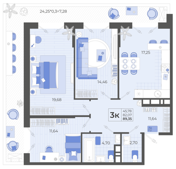 Планировка 3-комн 89,35 м²