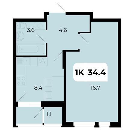 Планировка 1-комн 34,4 м²