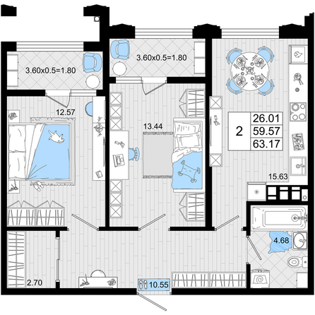 Планировка 2-комн 63,17 м²