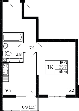 Планировка 1-комн 36,6 м²