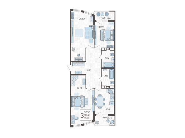 Планировка 3-комн 91,85 м²