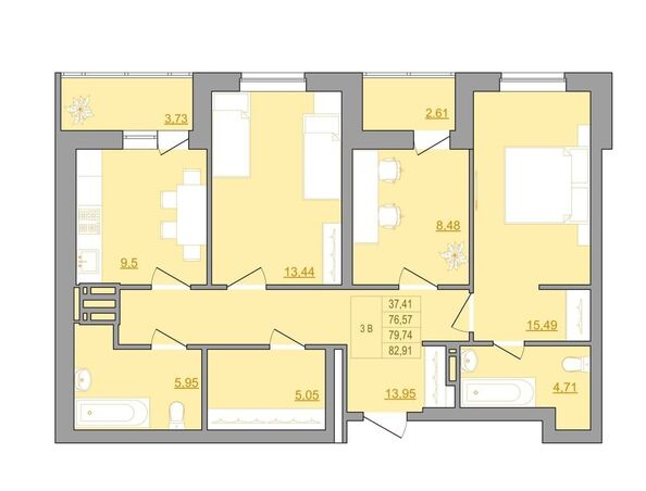 Планировка 3-комн 82,91 м²