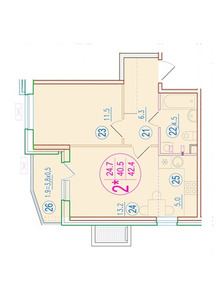 Планировка 2-комн 42,4 м²