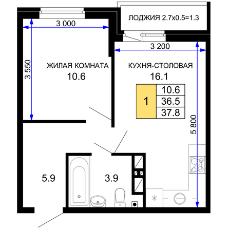 Планировка 1-комн 37,8 м²