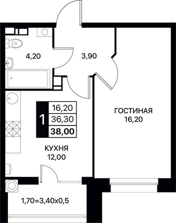 Планировка 1-комн 38, 38,3 м²