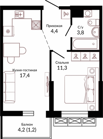 Планировка 1-комн 38,1 м²