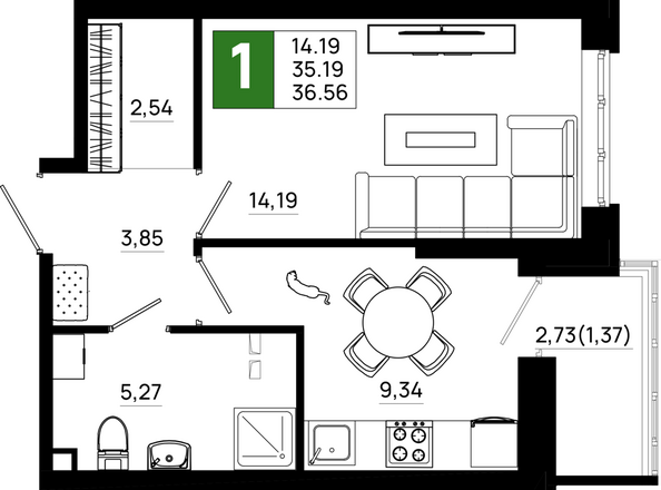 Планировка 1-комн 36,56 м²