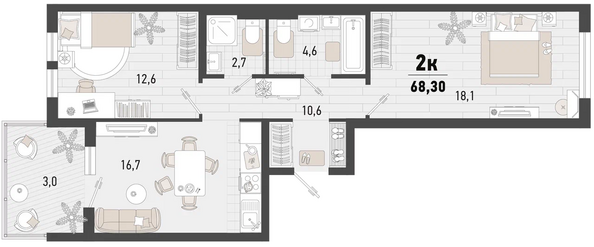 Планировка 2-комн 68,3, 68,4 м²