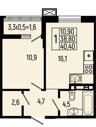 Планировка 1-комн 40,4 м²