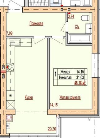Планировка 1-комн 45,18 м²