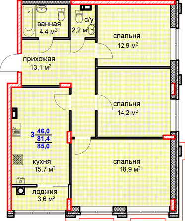 Планировка 3-комн 85 м²