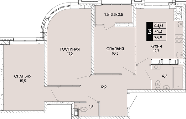 Планировка 3-комн 75,9 - 76,4 м²