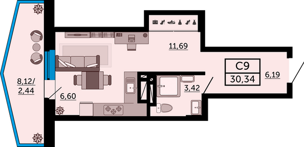 Планировка Студия 29,76 - 30,04 м²