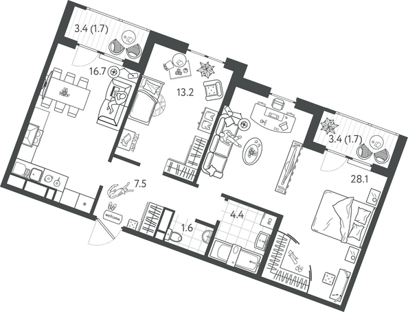 Планировка 2-комн 74,9 м²