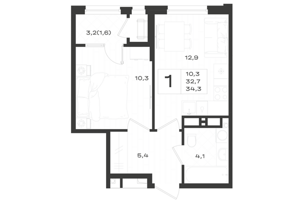 Планировка 1-комн 34,3 м²