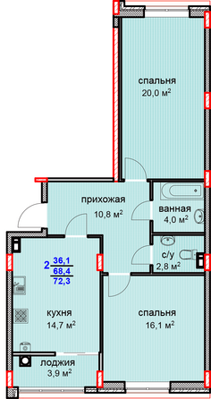 Планировка 2-комн 72,3 м²
