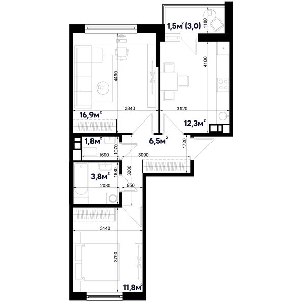 Планировка 2-комн 54,6 м²