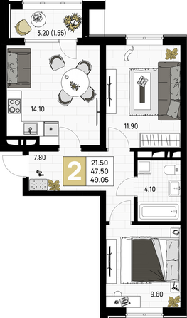 Планировка 2-комн 49,05 м²
