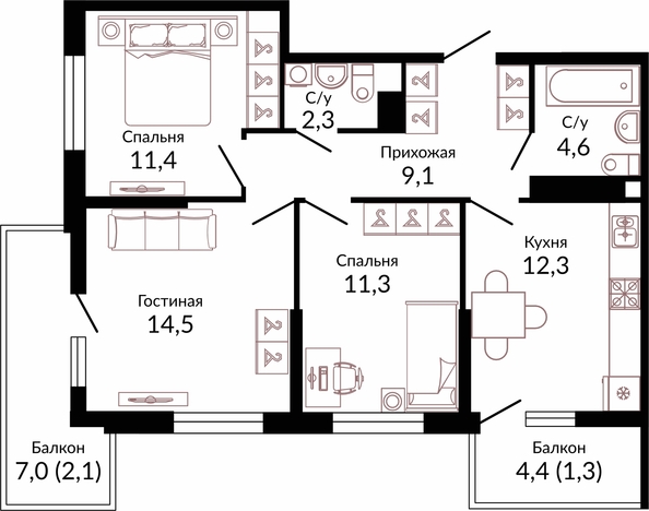 Планировка 3-комн 69,7 м²