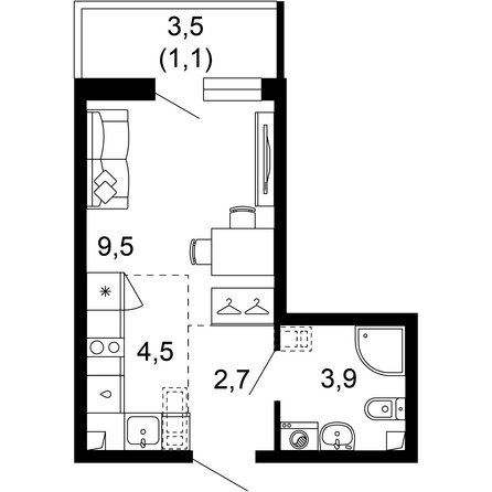 Планировка 1-комн 21,7 м²