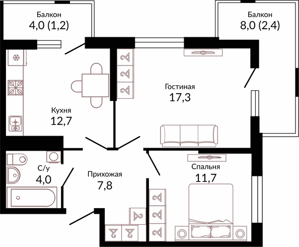 Планировка 2-комн 57,1 м²