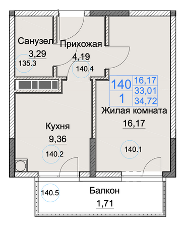 Планировка 1-комн 34,72 м²