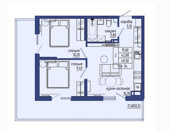 Планировка 3-комн 49,3 м²