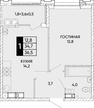 Планировка 1-комн 36,5 - 37 м²