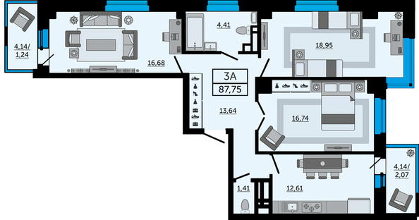 Планировка 3-комн 87,75 м²