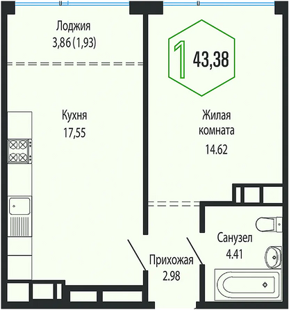 Планировка 1-комн 43,38 м²