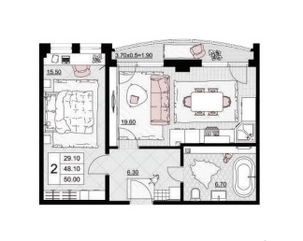 Планировка 2-комн 50 м²