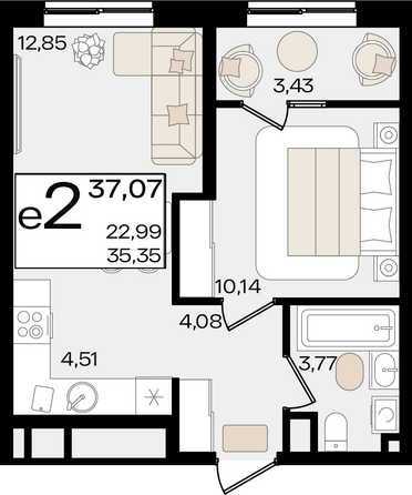 Планировка 2-комн 37,07 м²