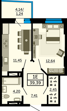 Планировка 1-комн 39,05, 39,22 м²