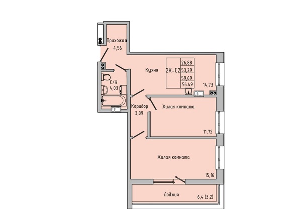 Планировка 2-комн 55,83 - 56,86 м²