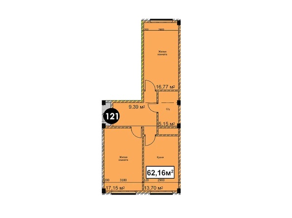 Планировка 2-комн 62,16 м²