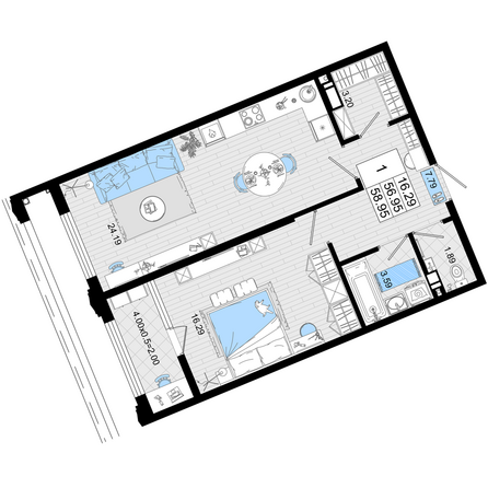 Планировка 1-комн 58,95 м²