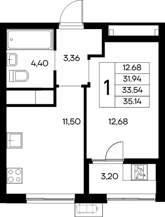 Планировка 1-комн 35,14 м²