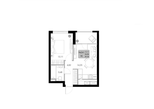 Планировка 1-комн 39,34 м²